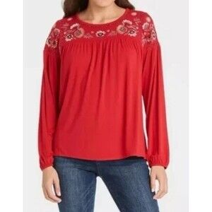 Knox Rose Red Embroidered Boho Peasant Blouse Top Long Sleeve Medium Flowy